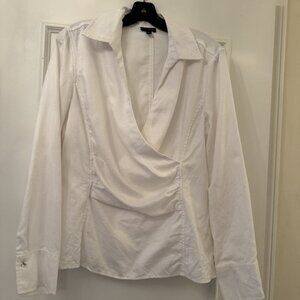 Talbots Women Faux Wrap White 100% Cotton Blouse Side Zip & Rouching, Size 12